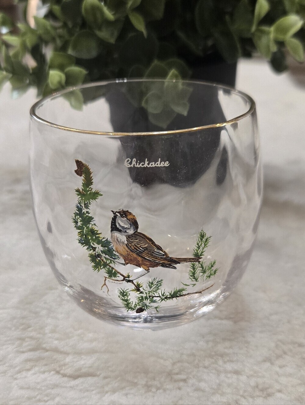 M. Sargeant Vintage Mid-Century Signed Chickadee Gold-Rim Lowball Glass